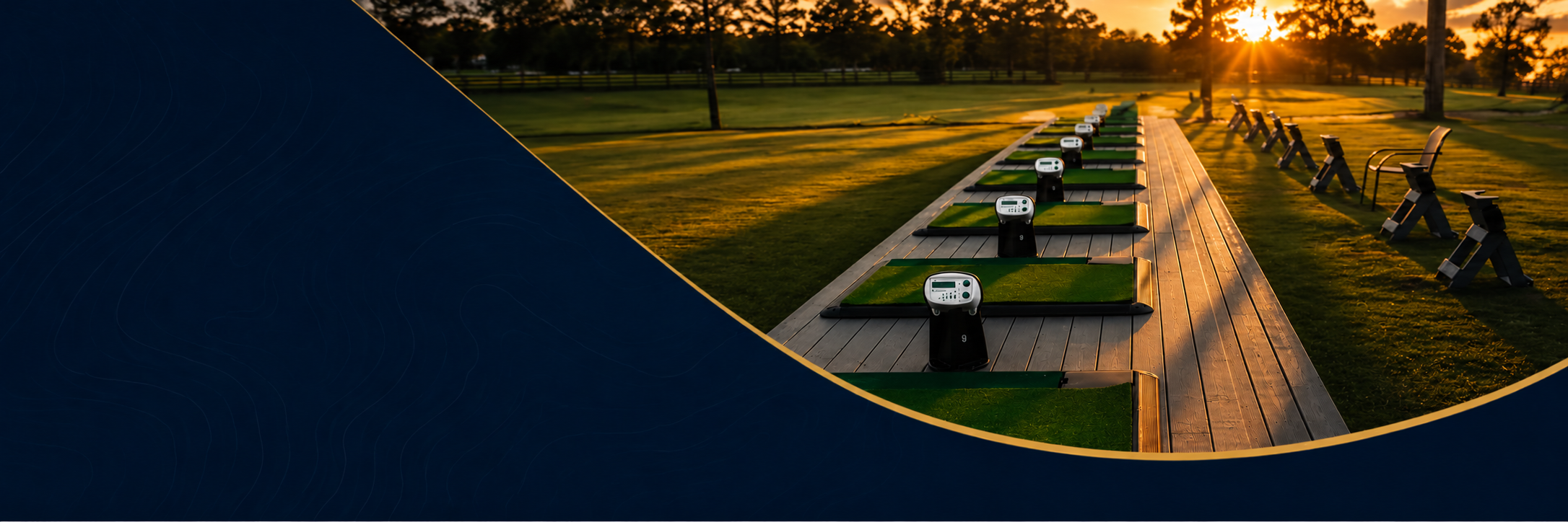 Oxford Golf Academy driving range and Toptracer bays at sunset in Oxford, Florida