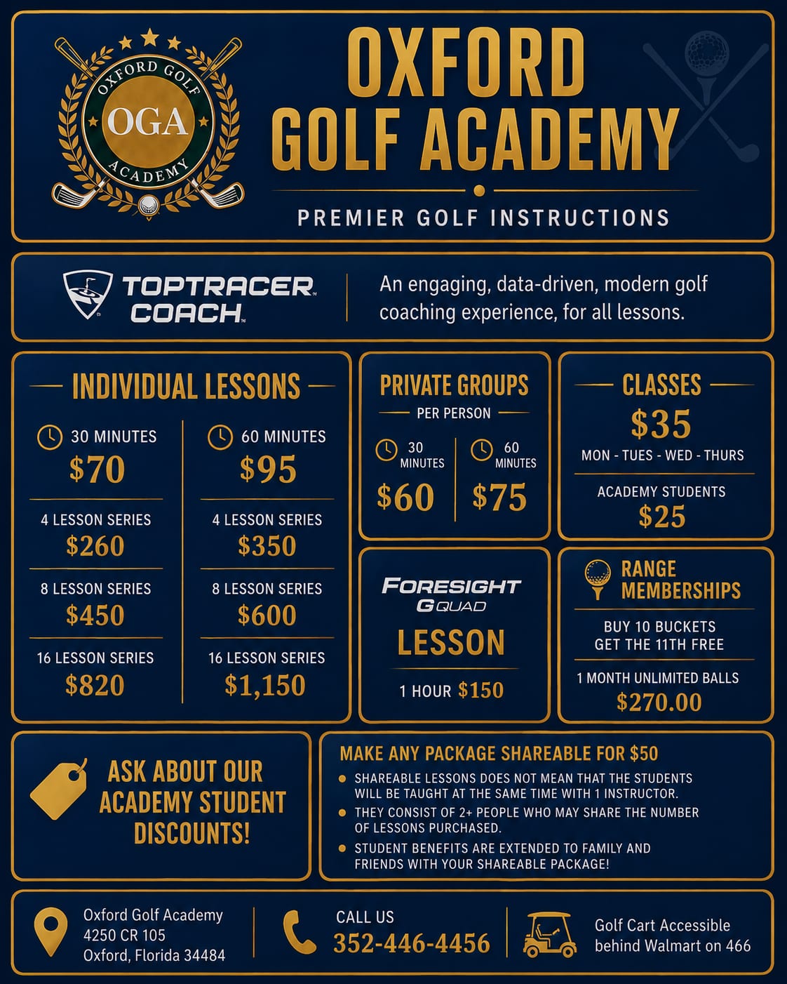 Oxford Golf Academy price list: individual lessons, private groups, classes, Foresight GQuad lessons, and range memberships