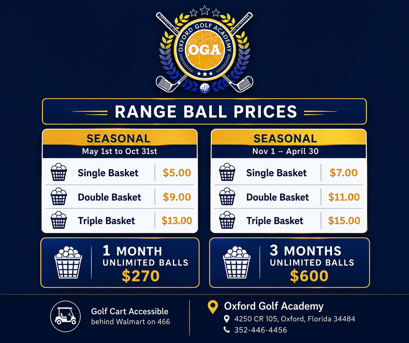 Original Oxford Golf Academy range ball prices graphic